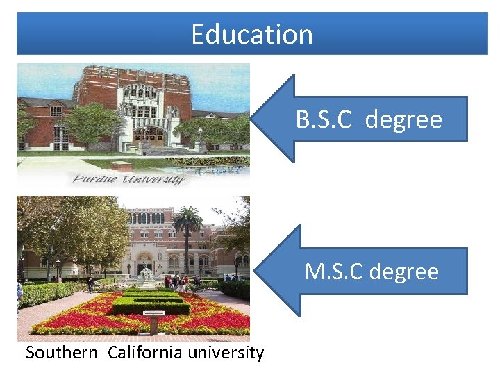 Education B. S. C degree M. S. C degree Southern California university 