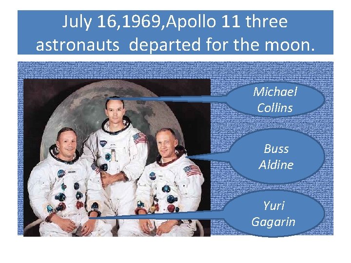 July 16, 1969, Apollo 11 three astronauts departed for the moon. Michael Collins Buss