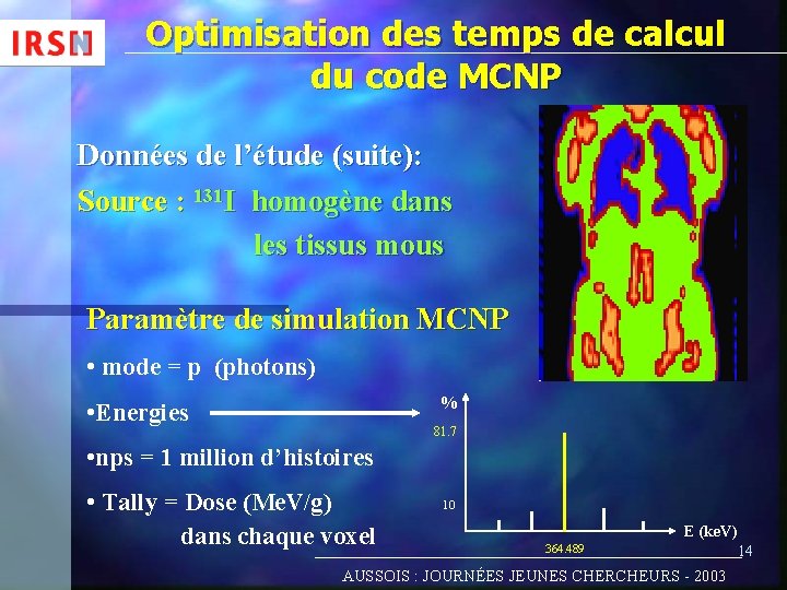 Optimisation des temps de calcul du code MCNP Données de l’étude (suite): Source :