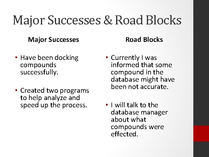 Major Successes & Road Blocks Major Successes • Have been docking compounds successfully. •