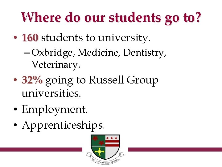 Where do our students go to? • 160 students to university. – Oxbridge, Medicine,