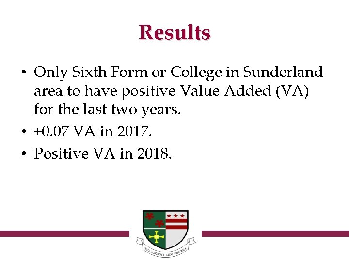 Results • Only Sixth Form or College in Sunderland area to have positive Value