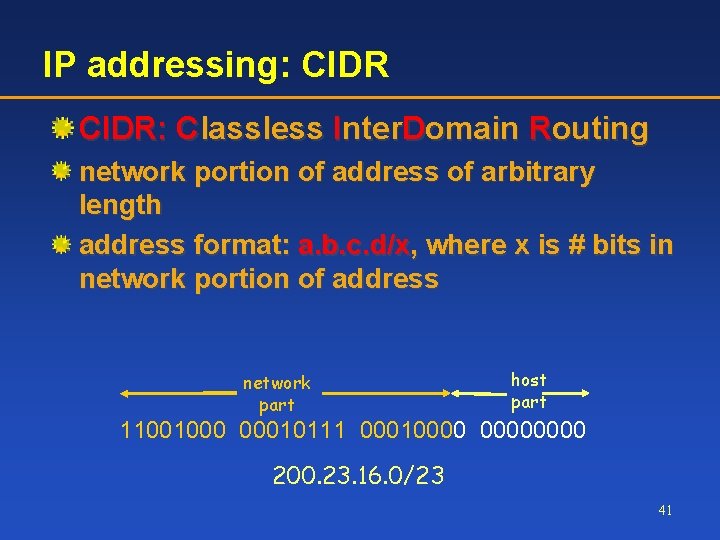 IP addressing: CIDR: Classless Inter. Domain Routing network portion of address of arbitrary length