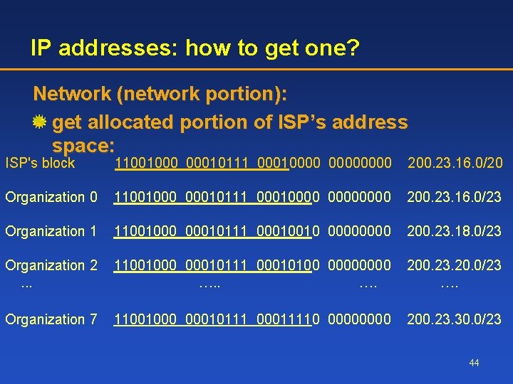 IP addresses: how to get one? Network (network portion): get allocated portion of ISP’s