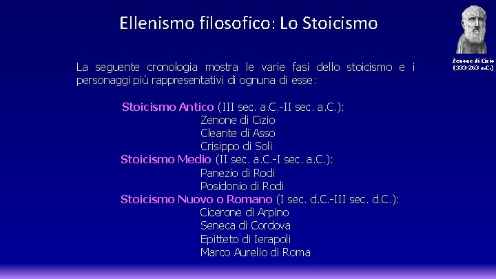 Ellenismo filosofico: Lo Stoicismo La seguente cronologia mostra le varie fasi dello stoicismo e