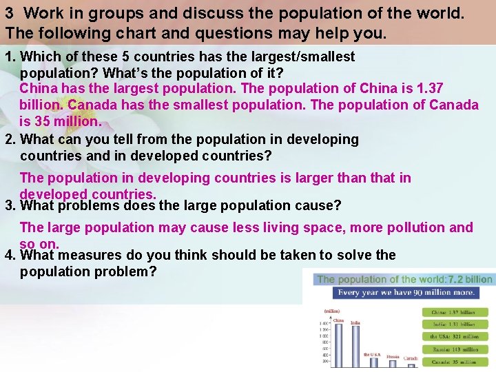 3 Work in groups and discuss the population of the world. The following chart