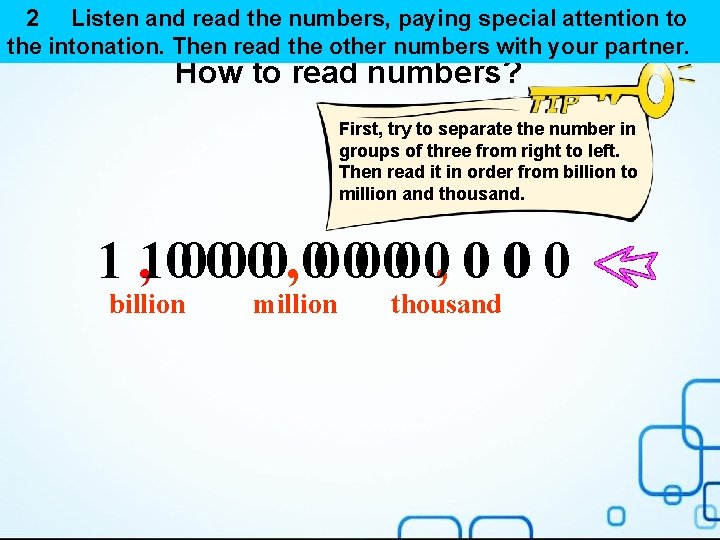 2 Listen and read the numbers, paying special attention to the intonation. Then read