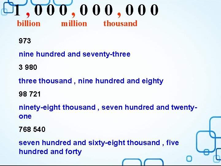 1, 000, 000 billion million thousand 973 nine hundred and seventy-three 3 980 three