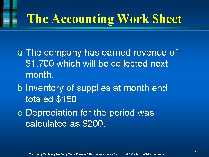 The Accounting Work Sheet a The company has earned revenue of $1, 700 which