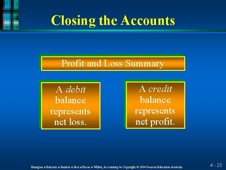 Closing the Accounts Profit and Loss Summary A debit balance represents net loss. A