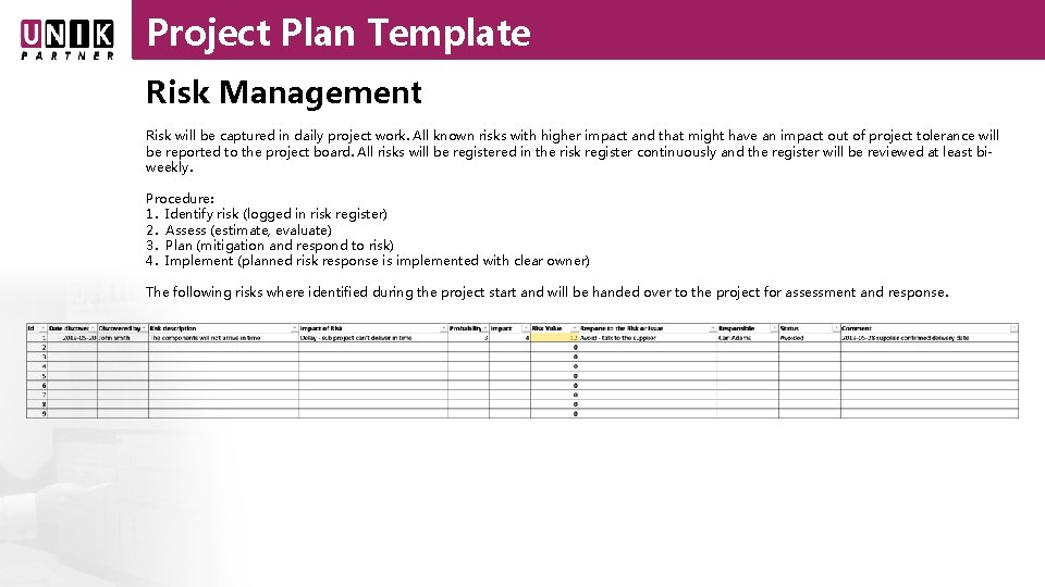 Project Plan Template Risk Management Risk will be captured in daily project work. All