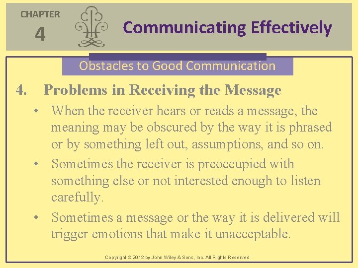 CHAPTER 4 Communicating Effectively Obstacles to Good Communication 4. Problems in Receiving the Message CHAPTER 4 Communicating Effectively Obstacles to Good Communication 4. Problems in Receiving the Message