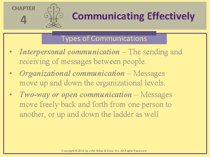 CHAPTER 4 Communicating Effectively Types of Communications • Interpersonal communication – The sending and CHAPTER 4 Communicating Effectively Types of Communications • Interpersonal communication – The sending and