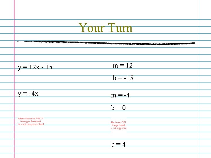 Your Turn y = 12 x - 15 m = 12 b = -15