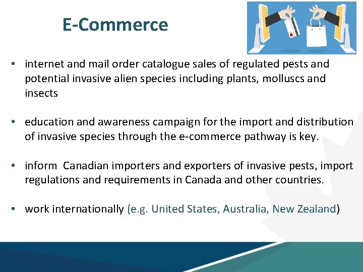 E-Commerce • internet and mail order catalogue sales of regulated pests and potential invasive