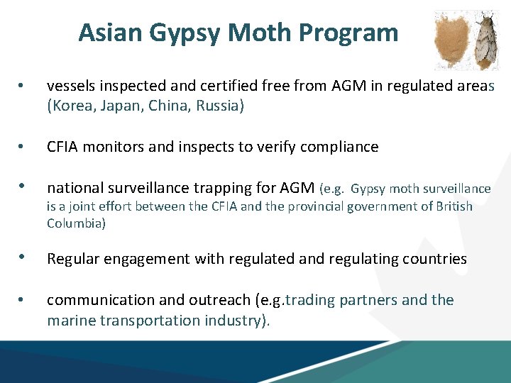 Asian Gypsy Moth Program • vessels inspected and certified free from AGM in regulated