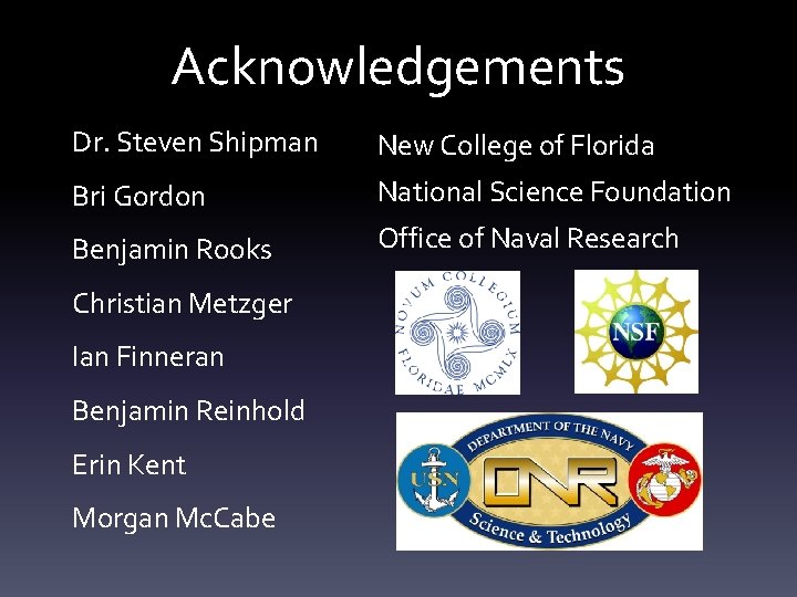 Acknowledgements Dr. Steven Shipman New College of Florida Bri Gordon National Science Foundation Benjamin