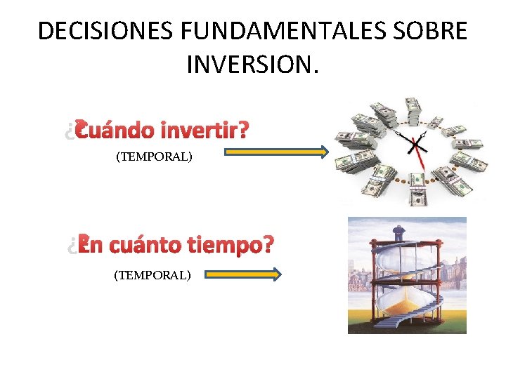 DECISIONES FUNDAMENTALES SOBRE INVERSION. ¿Cuándo invertir? (TEMPORAL) ¿En cuánto tiempo? (TEMPORAL) 