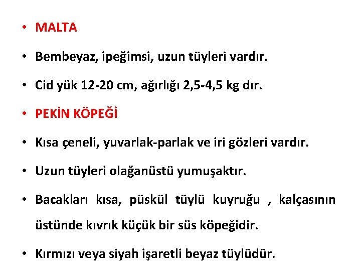  • MALTA • Bembeyaz, ipeğimsi, uzun tüyleri vardır. • Cid yük 12 -20