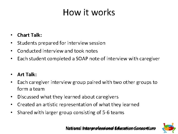 How it works • • Chart Talk: Students prepared for interview session Conducted interview