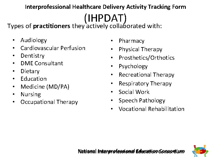 Interprofessional Healthcare Delivery Activity Tracking Form (IHPDAT) Types of practitioners they actively collaborated with:
