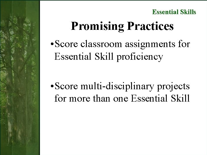 Essential Skills Promising Practices • Score classroom assignments for Essential Skill proficiency • Score