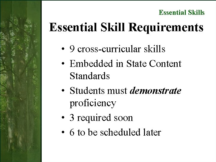 Essential Skills Essential Skill Requirements • 9 cross-curricular skills • Embedded in State Content