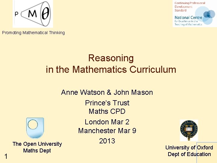 Promoting Mathematical Thinking Reasoning in the Mathematics Curriculum Anne Watson & John Mason Prince’s