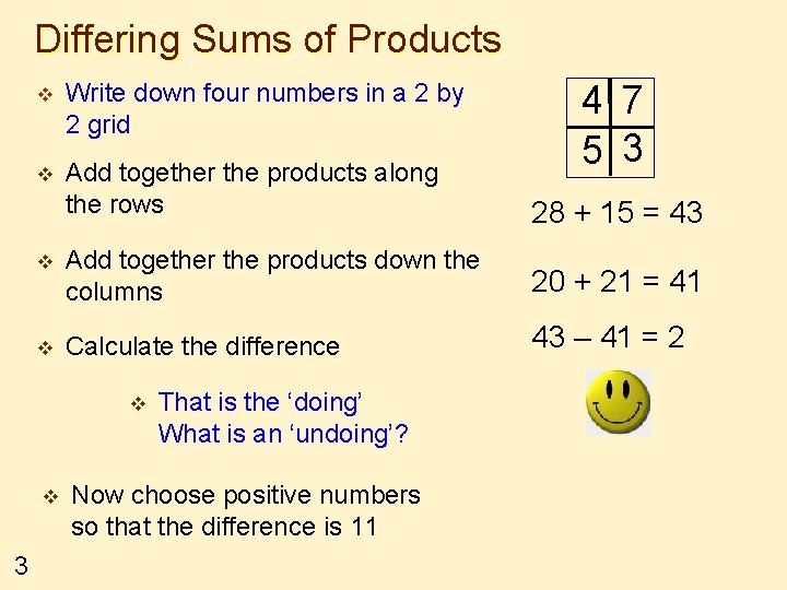 Differing Sums of Products v Write down four numbers in a 2 by 2