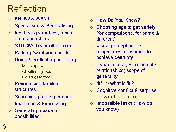 Reflection v v v KNOW & WANT Specialisng & Generalising Identifying variables; focus on