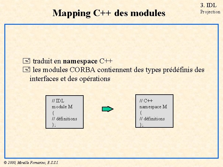 Mapping C++ des modules 3. IDL Projection + traduit en namespace C++ + les