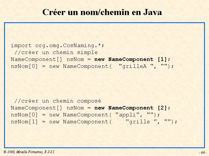 Créer un nom/chemin en Java import org. omg. Cos. Naming. *; //créer un chemin