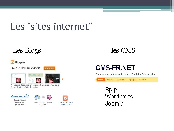 Les "sites internet" Les Blogs les CMS Spip Wordpress Joomla 