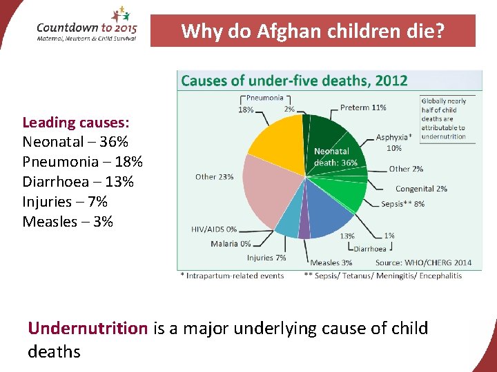 Why do Afghan children die? Leading causes: Neonatal – 36% Pneumonia – 18% Diarrhoea