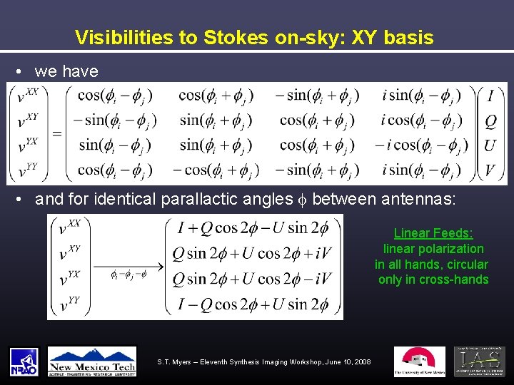 Visibilities to Stokes on-sky: XY basis • we have • and for identical parallactic