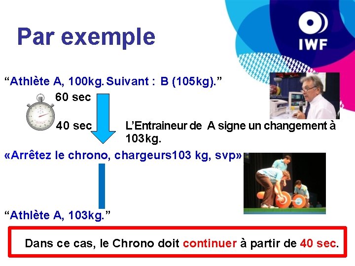 Par exemple “Athlète A, 100 kg. Suivant : B (105 kg). ” 60 sec