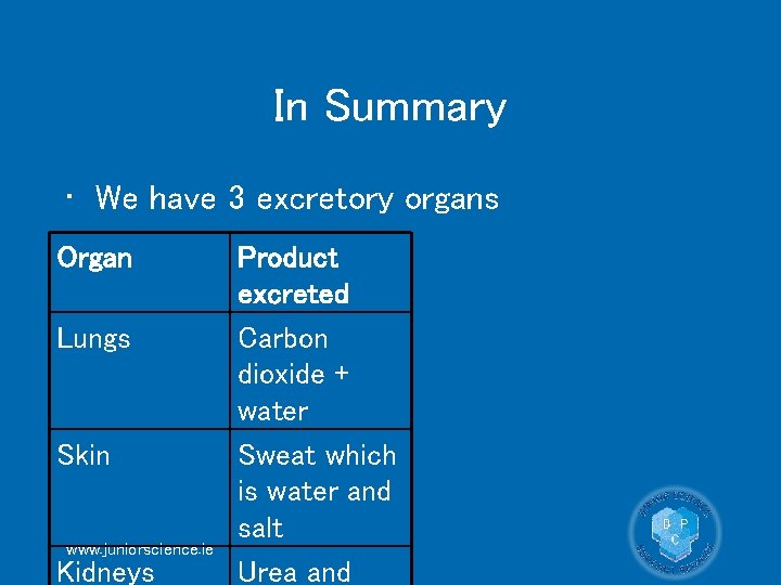 In Summary • We have 3 excretory organs Organ Lungs Skin www. juniorscience. ie