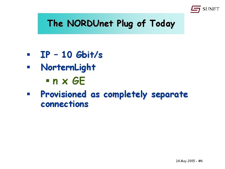 The NORDUnet Plug of Today § § IP – 10 Gbit/s Nortern. Light §