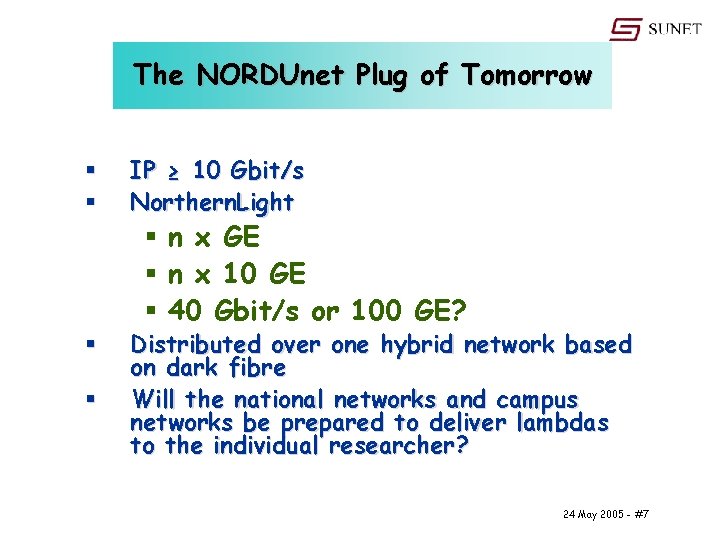 The NORDUnet Plug of Tomorrow § § IP ≥ 10 Gbit/s Northern. Light §