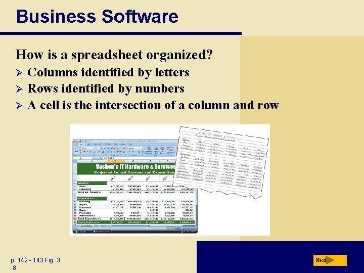 Business Software How is a spreadsheet organized? Columns identified by letters Ø Rows identified