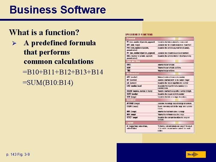 Business Software What is a function? Ø A predefined formula that performs common calculations