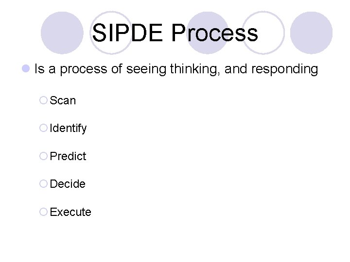 SIPDE Process l Is a process of seeing thinking, and responding ¡Scan ¡Identify ¡Predict
