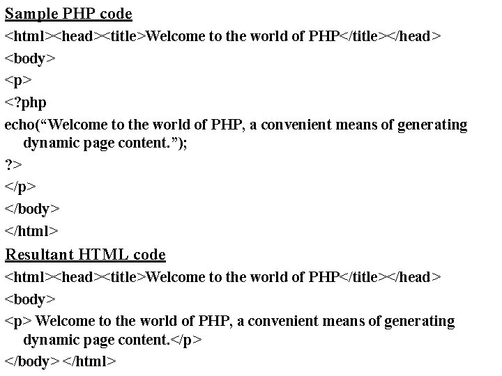 Sample PHP code <html><head><title>Welcome to the world of PHP</title></head> <body> <p> <? php echo(“Welcome