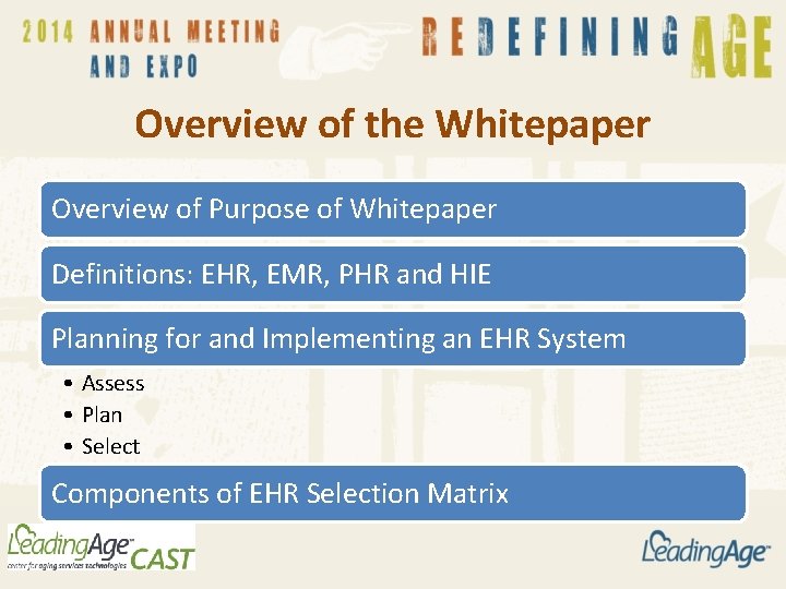 Overview of the Whitepaper Overview of Purpose of Whitepaper Definitions: EHR, EMR, PHR and
