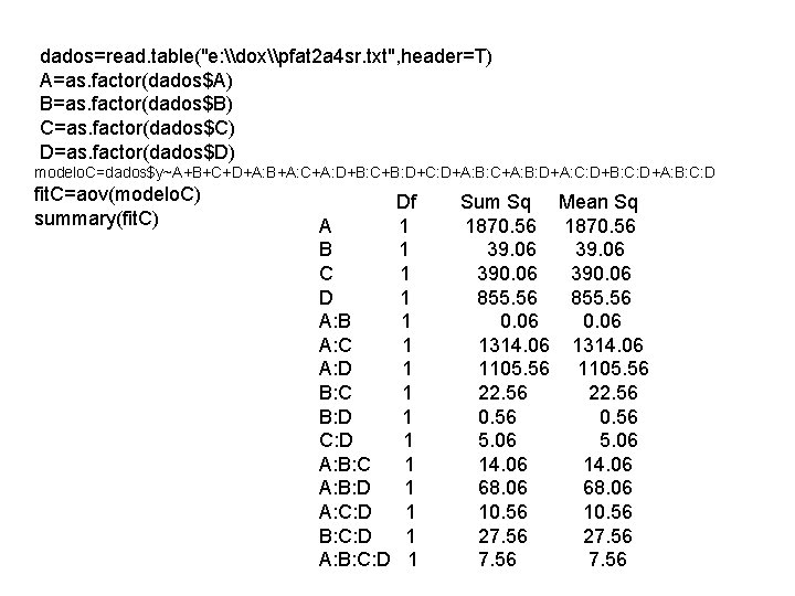 dados=read. table("e: \dox\pfat 2 a 4 sr. txt", header=T) A=as. factor(dados$A) B=as. factor(dados$B) C=as.