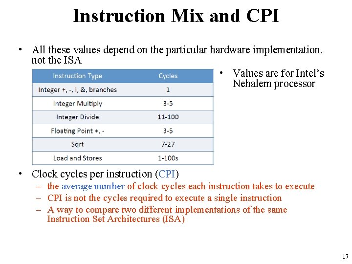 Instruction Mix and CPI • All these values depend on the particular hardware implementation,