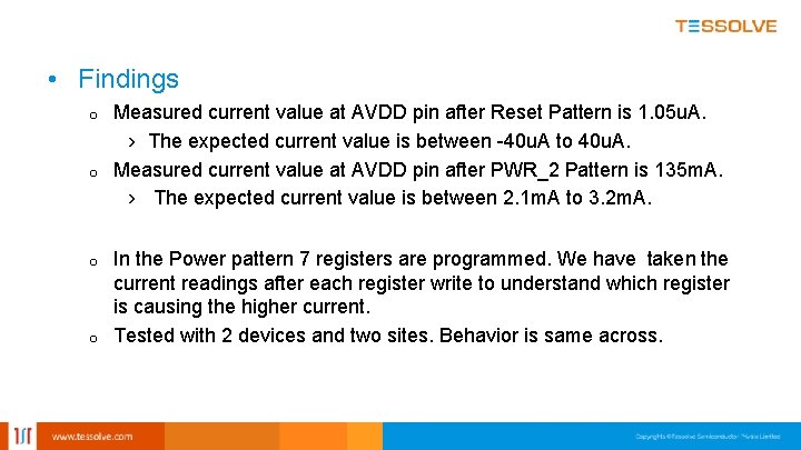  • Findings Measured current value at AVDD pin after Reset Pattern is 1.