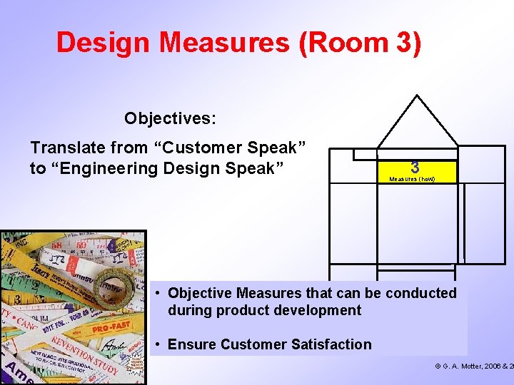 Design Measures (Room 3) Objectives: Translate from “Customer Speak” to “Engineering Design Speak” 3 Design Measures (Room 3) Objectives: Translate from “Customer Speak” to “Engineering Design Speak” 3