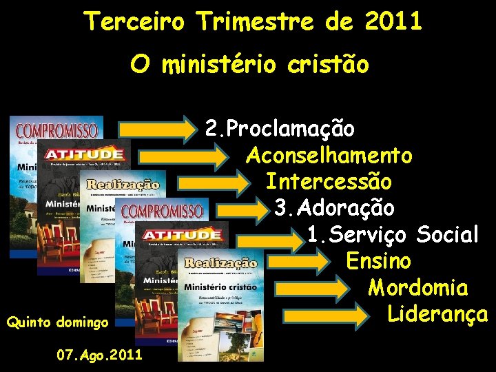 Terceiro Trimestre de 2011 O ministério cristão Quinto domingo 07. Ago. 2011 2. Proclamação