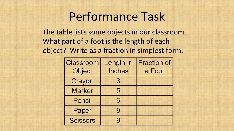 Performance Task The table lists some objects in our classroom. What part of a